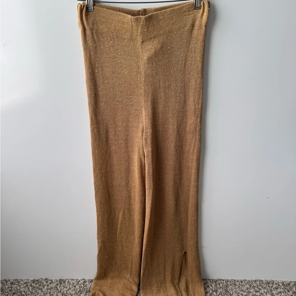 ZARA Knit High Rise Brown Linen Blend Leg Slits Wide Leg‎ Pants Size Small NWT